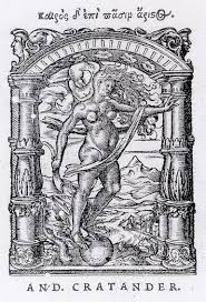 Printer's Device for Andreas Cratander, designed by Hans Holbein the Younger and metalcut by Jacob Faber, 1522. The Greek motto translates: "In all things it is best to take advantage of the right time." Wikimedia Commons. 